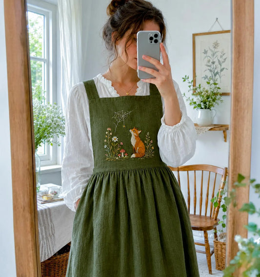 Embroidered Linen Apron, Handmade Fox Cottagecore Apron, Olive Green Pinafore Dress Apron, Forest Kitchen Gift for Gardener Baker