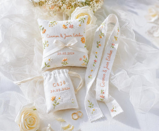 Personalized Embroidered Wedding Gift Set, Custom Ring Pillow Bouquet Ribbon and Ring Pouch, Handmade Floral Bridal Keepsake Gift Set Brides