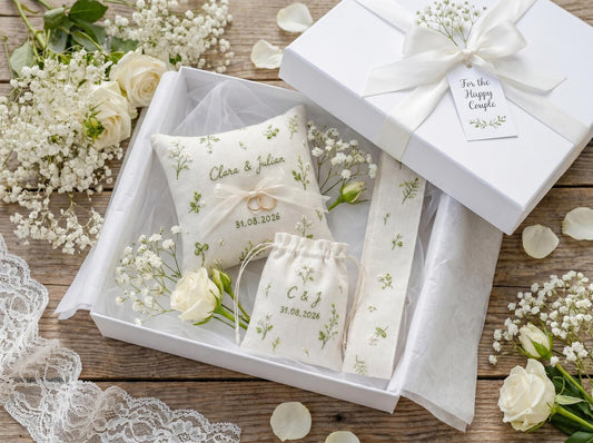 Personalized Botanical Wedding Ring Pillow Set, Embroidered Ring Bearer Pillow, Sachet Bag, Linen Ribbon, Custom Bridal Keepsake Box Gift
