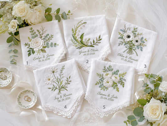 Embroidered Greenery Wedding Handkerchief – Custom Floral Hankie for Bride, Bridal Gift, Personalized with Name & Date, Gift for Bride