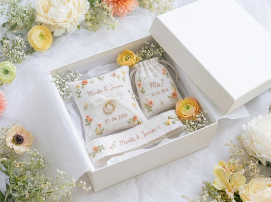 Personalized Floral Wedding Ring Pillow Set, Embroidered Ring Bearer Pillow, Ribbon and Sachet Bag, Bridal Keepsake Gift for Bride and Groom