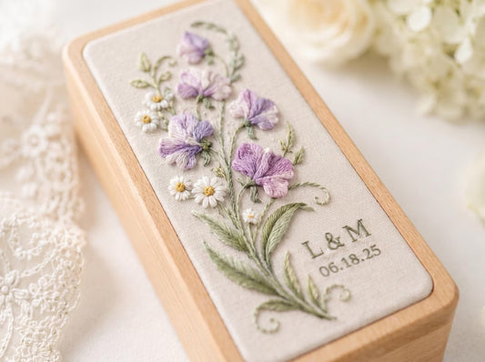 Personalized Embroidered Jewelry Box, Custom Sweet Pea Ring Box, Wildflower Wedding Keepsake, Handmade Linen Gift for Bride, Initials Dates