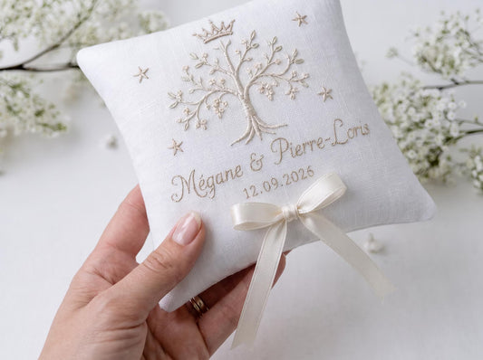 White Linen Ring Bearer Pillow, Botanical Tree Embroidery, Custom Wedding Ring Cushion, Personalized Names Date, Ivory Ribbon, Wedding Gifts