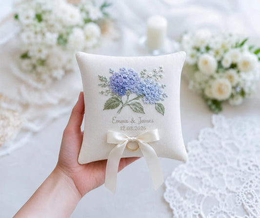 Personalized Hydrangea Ring Bearer Pillow, Custom Embroidered Wedding Ring Cushion, Something Blue Bridal Gift, Names and Date