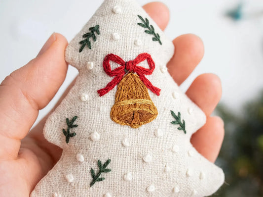 Hand Embroidered Christmas Tree Ornament, Linen Bell Decoration, Handmade Holiday Keepsake, Rustic Xmas Gift, Stocking Stuffer Festive Decor