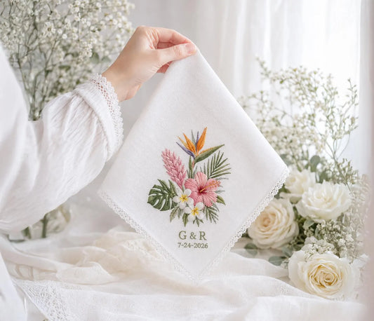 Tropical Wedding Handkerchief, Personalized Embroidered Hanky, Custom Bridal Handkerchief, Floral Wedding Hankie, Key West Bride Gift