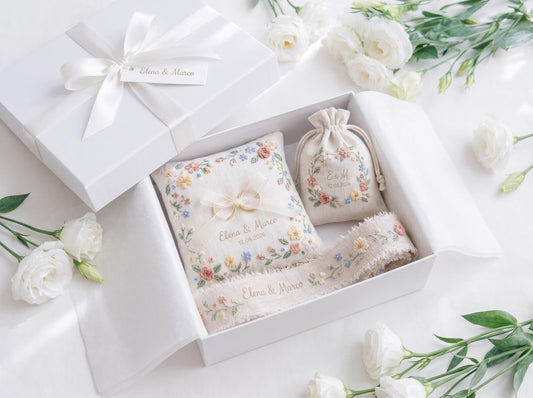 Personalized Wedding Gift Set, Hand Embroidered Ring Pillow, Linen Ribbon & Sachet Bag, Custom Bridal Keepsake, Handmade Wedding Decor Gift