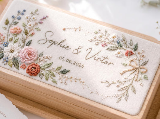 Personalized Wildflower & Rose Embroidered Wooden Jewelry Box, Custom Wedding Ring Box, Names and Date, Bridal Keepsake Gift