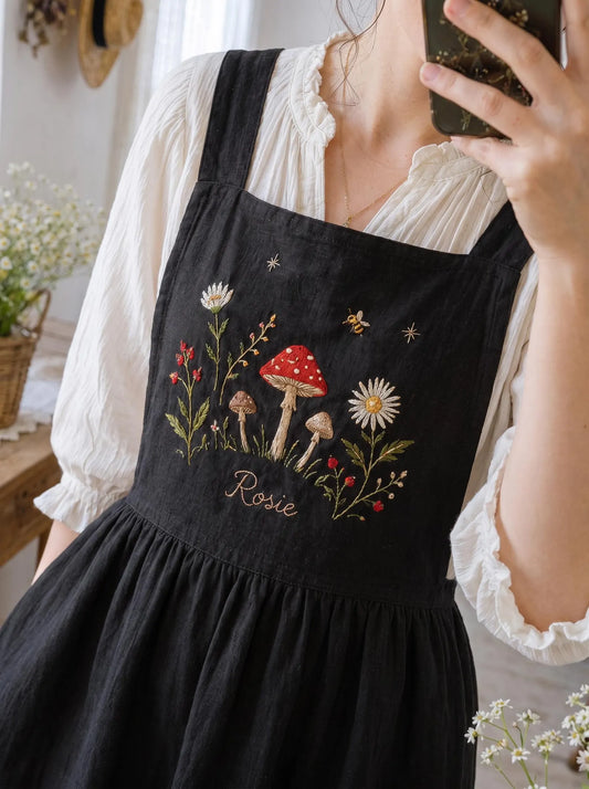 Embroidered Mushroom Apron, Personalized Linen Pinafore Dress, Cottagecore Gardening Apron, Wildflower Bee Apron Gift for Women Custom Names