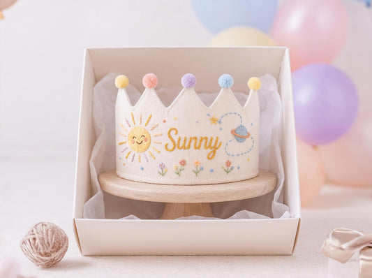Personalized Linen Birthday Crown for Kids, Hand Embroidered Sun and Planet Party Hat, Custom Name First Birthday Keepsake Gift