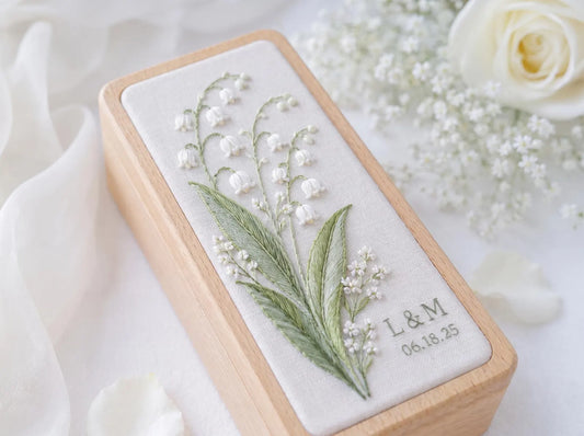 Lily of the Valley Wooden Ring Box, Personalized Embroidered Jewelry Box, Custom Initials Date, Wedding Ring Holder, Bridal Keepsake Gift