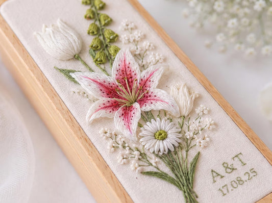 Hand Embroidered Stargazer Lily & Tulip Jewelry Box, Personalized Wedding Bouquet Ring Box, Baby’s Breath Floral Bridal Gift