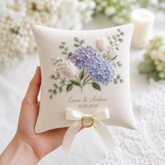Personalized Hydrangea and White Tulip Embroidered Ring Pillow, Custom Names and Date, Blue Floral Wedding Ring Bearer Pillow Gift, Keepsake