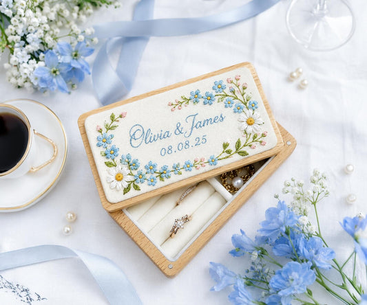 Personalized Mini Wooden Jewelry Box, Hand Embroidered Forget Me Nots and Daisy Ring Box Names and Date, Wedding Keepsake Something Blue