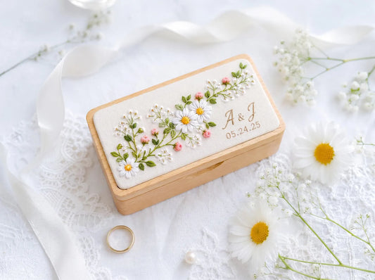 Personalized Mini Wooden Jewelry Box, Hand Embroidered White Daisies, Blush Roses and Baby's Breath, Initials and Date Wedding Keepsake Gift