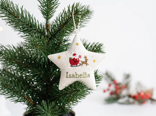 Personalized Embroidered Christmas Ornament – Linen Tree, Star & Heart Shapes, Personalized Holiday Gift, Handmade Decoration Keepsake