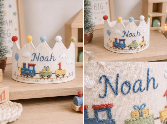 Personalized Embroidered Birthday Crown Hat, Custom Linen Baby Birthday Crown, First Birthday Train Crown, Keepsake Toddler Birthday Gift