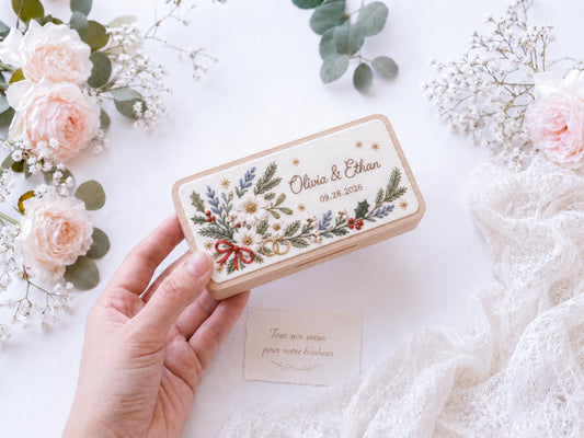 Personalized Christmas Wedding Ring Box, Hand Embroidered Wooden Ring Holder, Custom Names and Date, Evergreen Bridal Heirloom Keepsake Gift