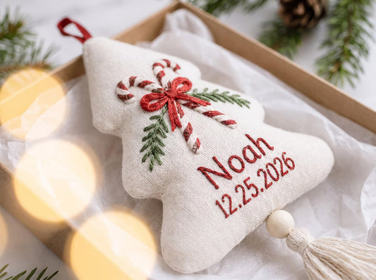 Personalized Christmas Tree Shaped Ornament, Hand Embroidered Linen Candy Cane, Custom Name & Date, Handmade Holiday Keepsake Christmas Gift