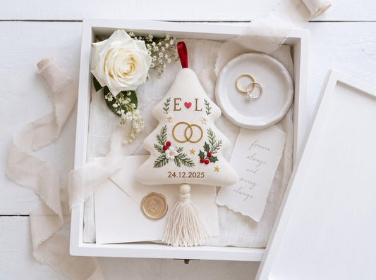 Personalized Christmas Tree Shaped Wedding Ornament, Hand Embroidered Linen Rings, Custom Initials & Date, First Christmas Married Keepsake