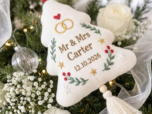 Personalized Christmas Tree Shaped Wedding Ornament, Hand Embroidered Linen Mr & Mrs, Custom Couple Name Date, Wedding Rings Gift