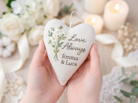 Hand Embroidered Personalized Heart Ornament, Linen Wedding Keepsake with White Flowers, Love Always Quote and Custom Names