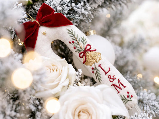 Personalized Candy Cane Shaped Wedding Ornament, Hand Embroidered Linen Bells, Custom Initials & Date, Christmas Newlywed Keepsake Gift