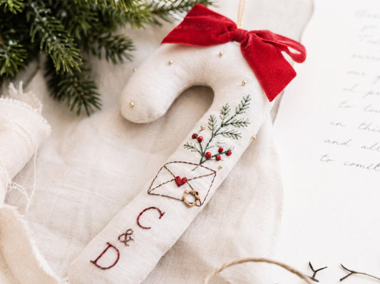 Personalized Candy Cane Shaped Wedding Ornament, Hand Embroidered Linen Love Letter & Rings, Custom Initials, Christmas Keepsake Gift