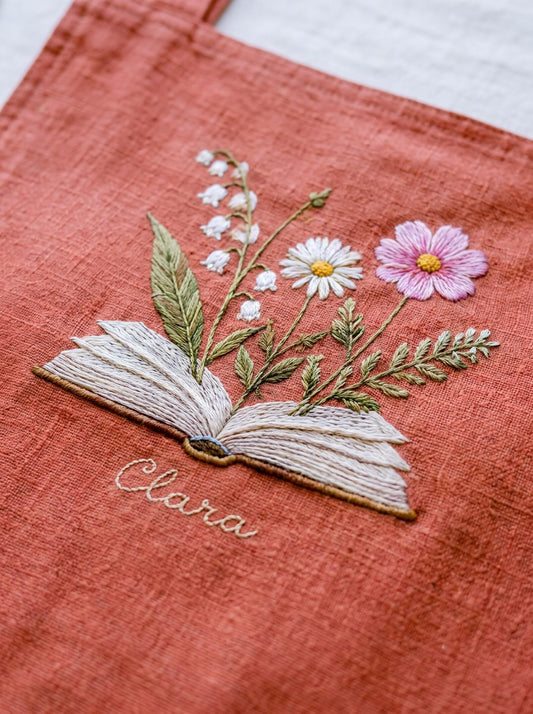 Personalized Embroidered Linen Apron, Lily of the Valley, Daisy & Cosmos Book Lover Apron, Custom Name Cottagecore Gardening Gift for Reader