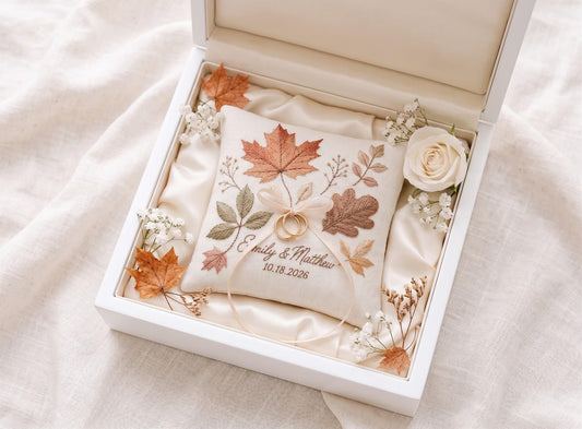 Personalized Autumn Wedding Ring Pillow, Fall Leaves Embroidered Linen Ring Bearer Pillow, Custom Names & Date, Rustic Wedding Keepsake Gift
