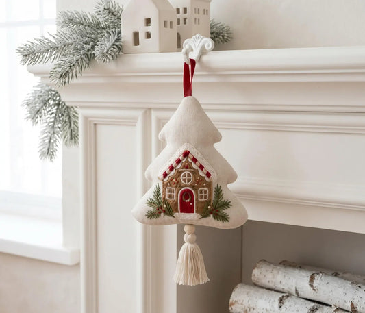 Embroidered Christmas Tree Ornament, Gingerbread House Linen Ornament, Rustic Holiday Decor, Neutral Christmas Keepsake, Handmade Home Gifts