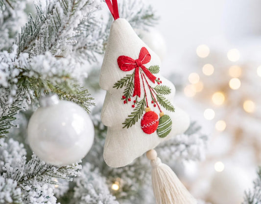 Embroidered Christmas Tree Ornament, Hanging Baubles Linen Ornament, Rustic Holiday Decor, Neutral Christmas Keepsake, Handmade Holiday Gift