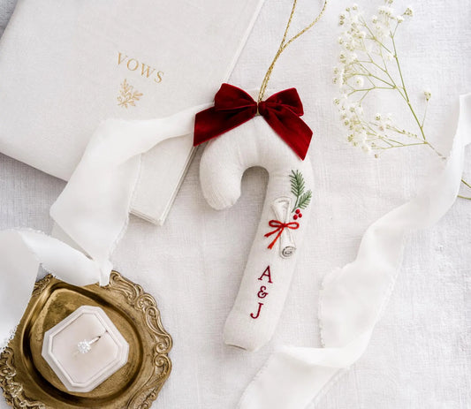 Personalized Candy Cane Ornament, Embroidered Christmas Wedding Ornament, Wedding Vows Scroll, Custom Couple Initials, Red Bow Keepsake Gift
