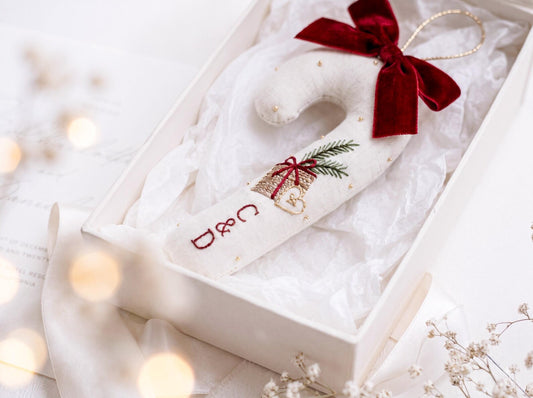 Personalized Christmas Wedding Ornament, Embroidered Linen Candy Cane with Couple Initials, First Christmas Married Keepsake, Newlywed Gifts