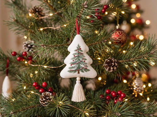 Hand Embroidered Christmas Tree Ornament, Linen Evergreen Tree Decoration with Red Garland, Rustic Holiday Keepsake, Handmade Christmas Gift