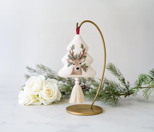 Reindeer Christmas Tree Ornament, Hand Embroidered Ornament with Pine Branches & Red Berries, Rustic Holiday Keepsake, Christmas Decor Gift