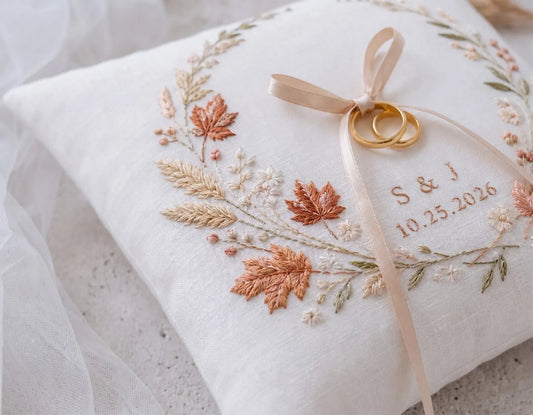 Personalized Autumn Wedding Ring Pillow, Maple Leaf Wreath Embroidered Ring Bearer Pillow, Custom Initials & Date, Fall Bridal Keepsake Gift