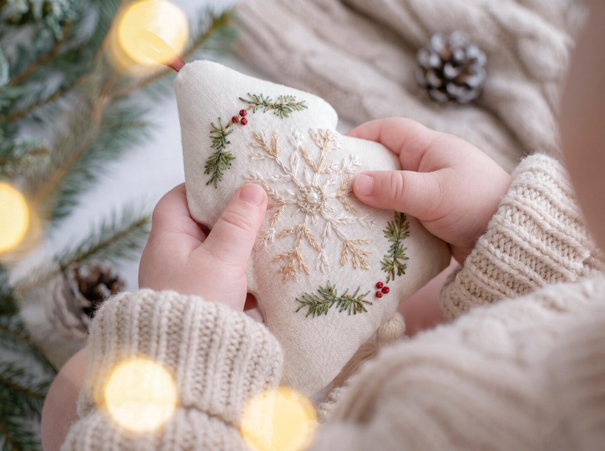 Embroidered Christmas Tree Ornament, Snowflake Linen Ornament, Rustic Holiday Decor, Neutral Xmas Keepsake, Handmade Home Gift for Christmas