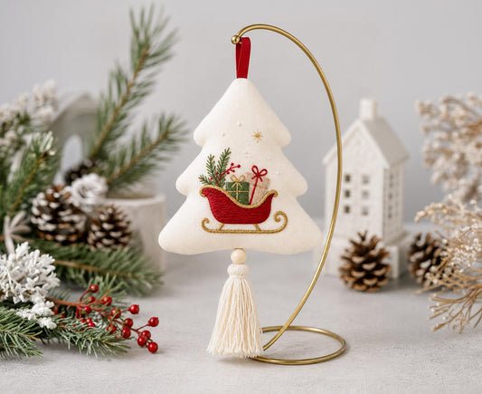 Embroidered Christmas Tree Ornament, Santa Sleigh Linen Ornament, Handmade Holiday Decor, Rustic Xmas Keepsake, Christmas Gift for Home Gift