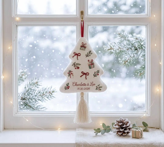 Personalized Christmas Tree Wedding Ornament, Hand Embroidered Gift Boxes Bows, Custom Names & Date, Newlywed Keepsake Gift Holiday Decor