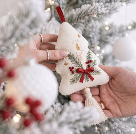 Hand Embroidered Christmas Tree Ornament, Candle & Pine Branches with Red Bow, Linen Tassel, Farmhouse Christmas Decor, Holiday Gift for Her
