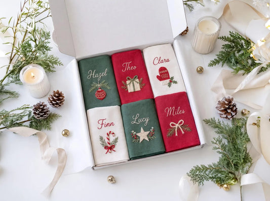 Personalized Christmas Linen Napkin Set of 6, Hand Embroidered Ornaments, Gift, Mitten, Candy Cane & Star, Custom Names, Holiday Table Decor