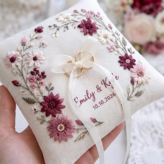 Personalized Ring Bearer Pillow, Hand Embroidered Burgundy Blush Floral Wreath Cushion, Custom Linen Wedding Ceremony Keepsake Decor Accent