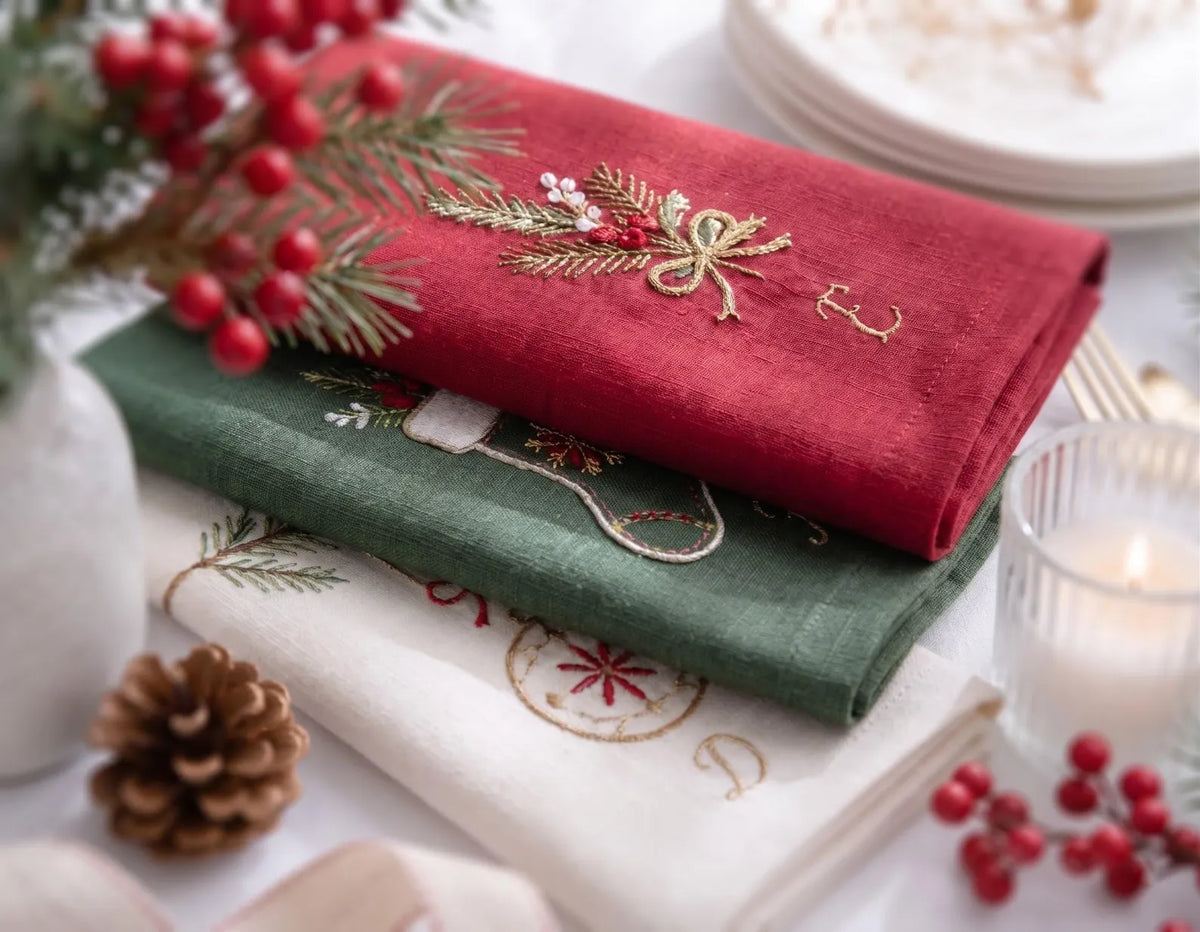 Personalized Christmas Linen Napkins Set of 6, Hand Embroidered Holly, Mistletoe, Pine & Berries, Custom Names, Holiday Table Decor Gift Set