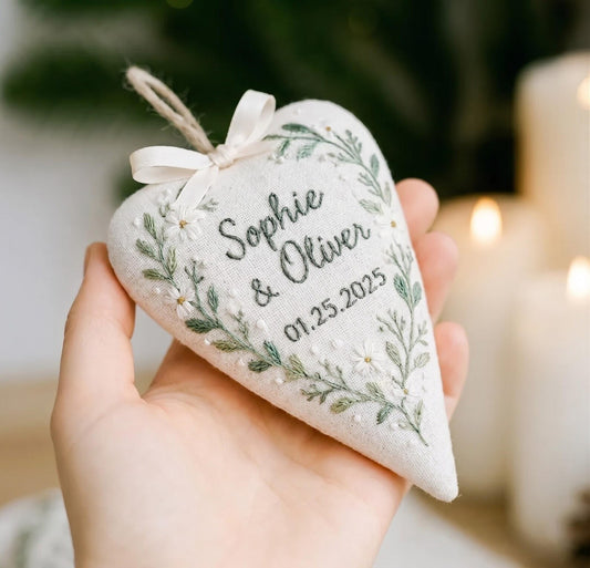 Personalized Wedding Heart Ornament – Hand Embroidered Linen Floral Ornament with Names & Date – Custom Wedding Christmas Gift Decoration