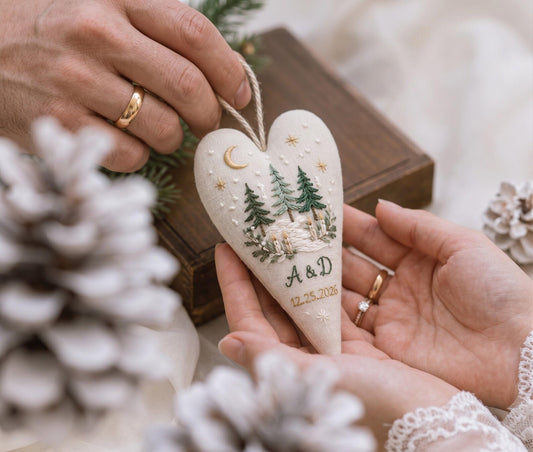 Personalized Christmas Heart Ornament, Embroidered Pine Forest Linen Ornament, Custom Couple Initials & Date, Winter Wedding Gift for Couple