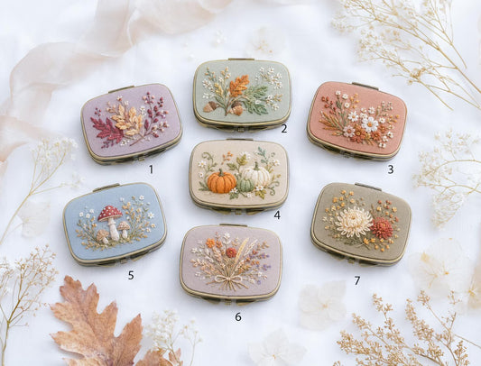 Embroidered Autumn Jewelry Box, Mini Floral Ring Box, Pumpkin Mushroom Leaf Keepsake, Vintage Trinket Case, Rustic Fall Wedding Gift for Her