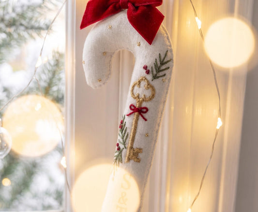 Personalized Christmas Wedding Ornament, Hand Embroidered Candy Cane with Gold Key, Red Bow & Initials, Newlywed Gift