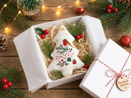 Hand Embroidered Robin Bird Christmas Ornament, Stuffed Linen Tree Ornament, Woodland Holiday Decor, Handmade Christmas Gift