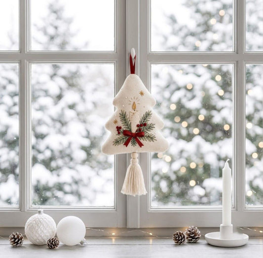 Hand Embroidered Christmas Tree Ornament, Candle & Pine Branches with Red Bow, Linen Tassel, Farmhouse Christmas Decor, Holiday Gift for Her